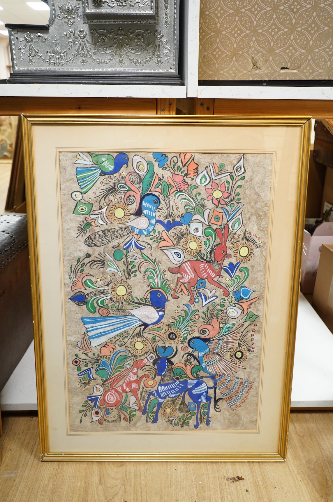 A collection of six Far Eastern decorative studies depicting exotic birds amongst flowers and blossom, gouaches, largest 70 x 49cm